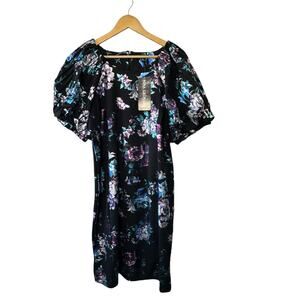 Nina Leonard Black Floral Pleat Puff Sleeve Dress Women's XL New